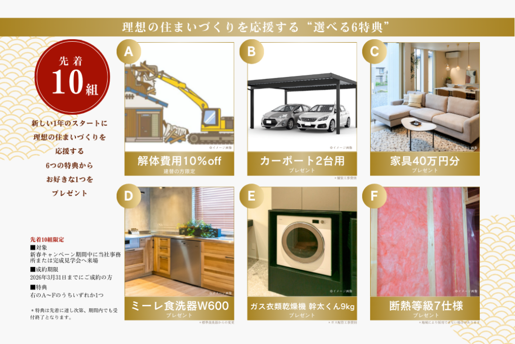 理想の住まいづくりを応援する選べる6特典
A:解体費用10%off
B:カーポート2台用
C:家具40万円分
D:ミーレ食洗器W600
E:ガス衣類乾燥機幹太くん
F:断熱等級7仕様