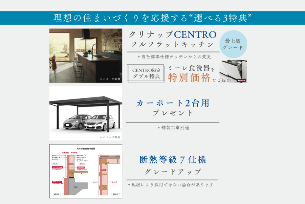 次の3つのうちいずれか1つをお選びいただけます。
１．クリナップの最上級グレードCENTROのフルフラットキッチン
２．カーポート2台用
３．断熱等級7仕様
さらに！CENTRO限定ダブル特典としてミーレ食洗器を特別価格でご提供します。